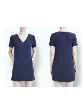 Theory Admiral Crepe Navy V-Neck Short Sleeve Banded Shift Dress Size 0
